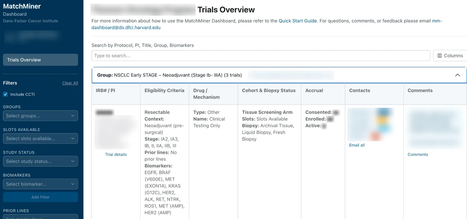 MatchMiner Dashboard trials overview with one trial group expanded. The row shows the trial's eligibility criteria (resectable, stage IA2 to III, no prior lines, a list of biomarkers), cohort and biopsy status, and accrual fields for consented, enrolled, and active patients. A sidebar has filters for groups, slots available, study status, biomarkers, and prior lines. Names, the program name, the protocol number, the accrual counts, and comments are blurred.