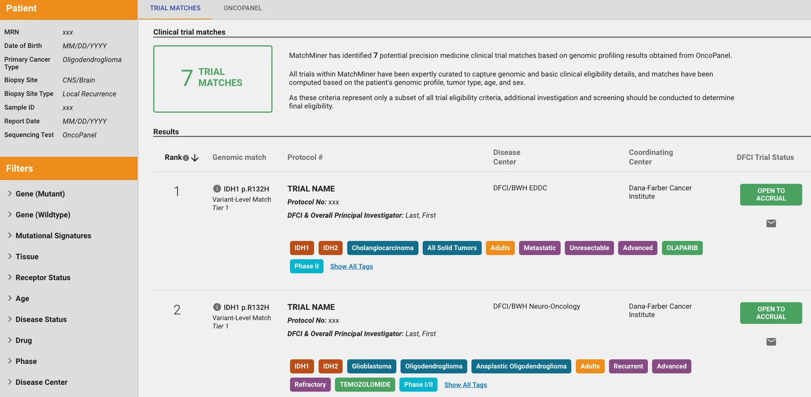 MatchMiner Genomics patient view. A sidebar shows patient details with placeholder values and filters for gene, tissue, age, drug, phase, and disease center. The main panel reports 7 trial matches based on OncoPanel results and lists them by rank. Each lists the matching alteration (IDH1 p.R132H, variant-level match), the disease center, an open-to-accrual status, and colored tags for genes, cancer types, drugs, and phase.