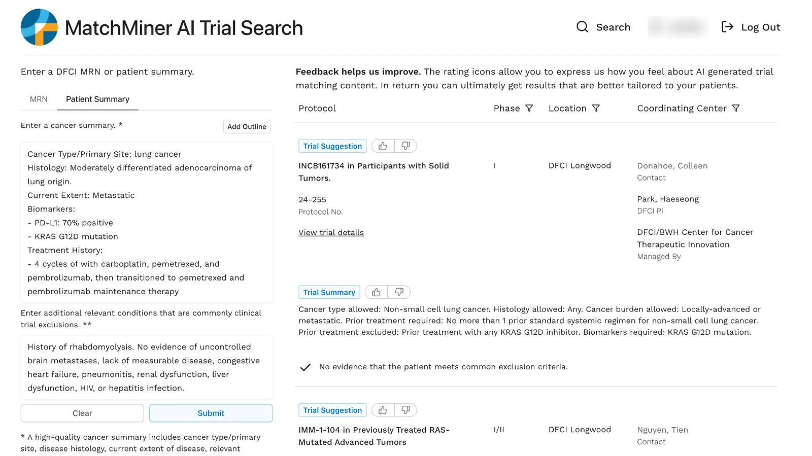 MatchMiner-AI trial search. On the left, a typed cancer summary: metastatic lung adenocarcinoma, PD-L1 70 percent positive, KRAS G12D mutation, treated with carboplatin, pemetrexed, and pembrolizumab, plus a list of exclusion conditions. On the right, suggested trials, each with phase, location, contact, principal investigator, and a plain-language trial summary with thumbs-up and thumbs-down buttons for feedback. Under one trial, a check mark says there is no evidence the patient meets common exclusion criteria.